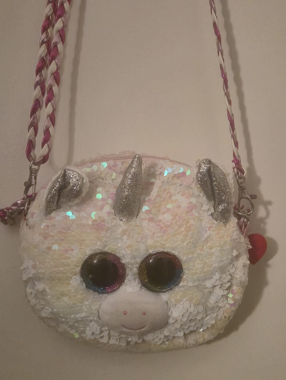 Beenie Baby Ty Brand Unicorn Sequin Crossbody Puffed Bag Pink & White Braided